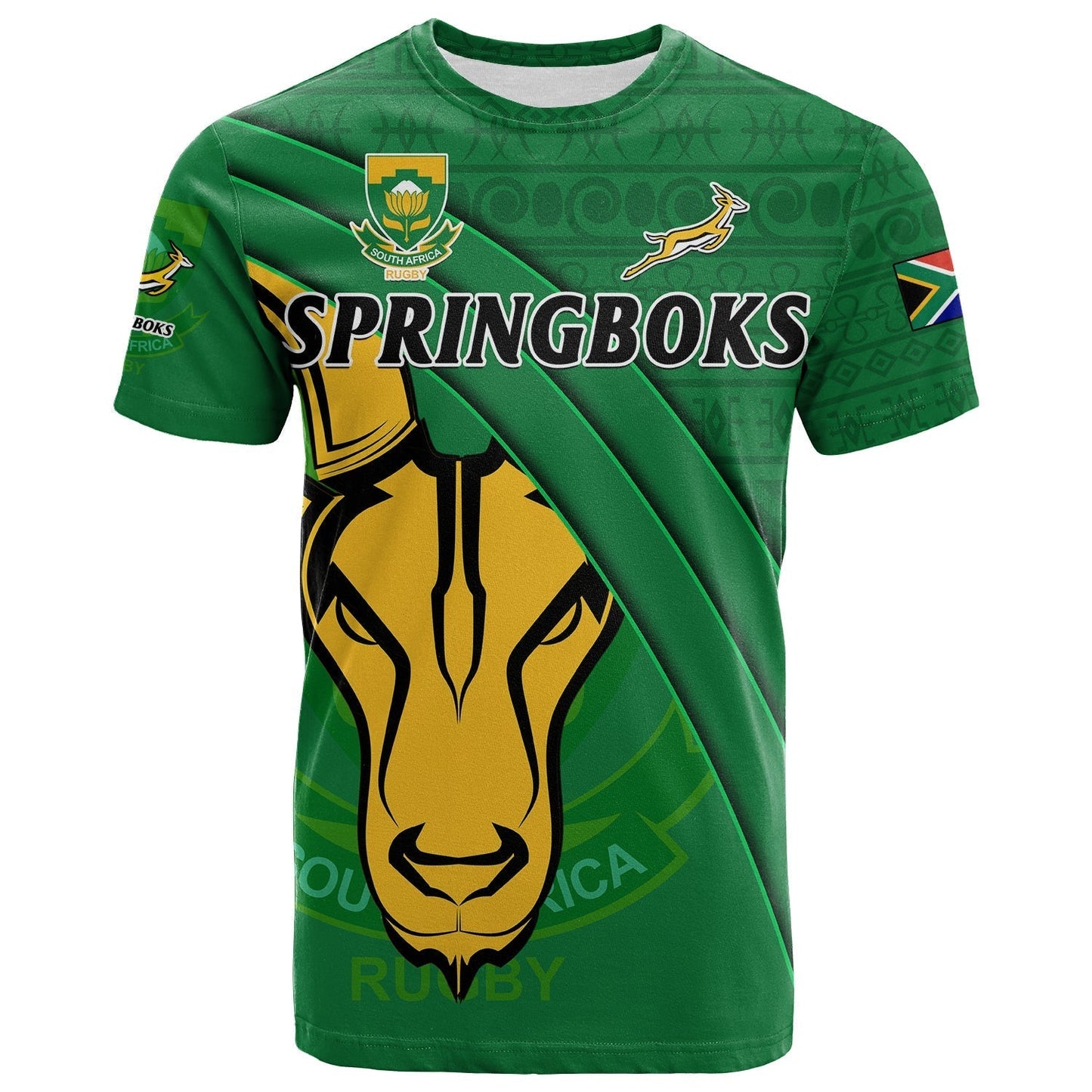 Custom South Africa Rugby T-Shirt Bokke Springbok With African Pattern Stronger Together Graphic Tee