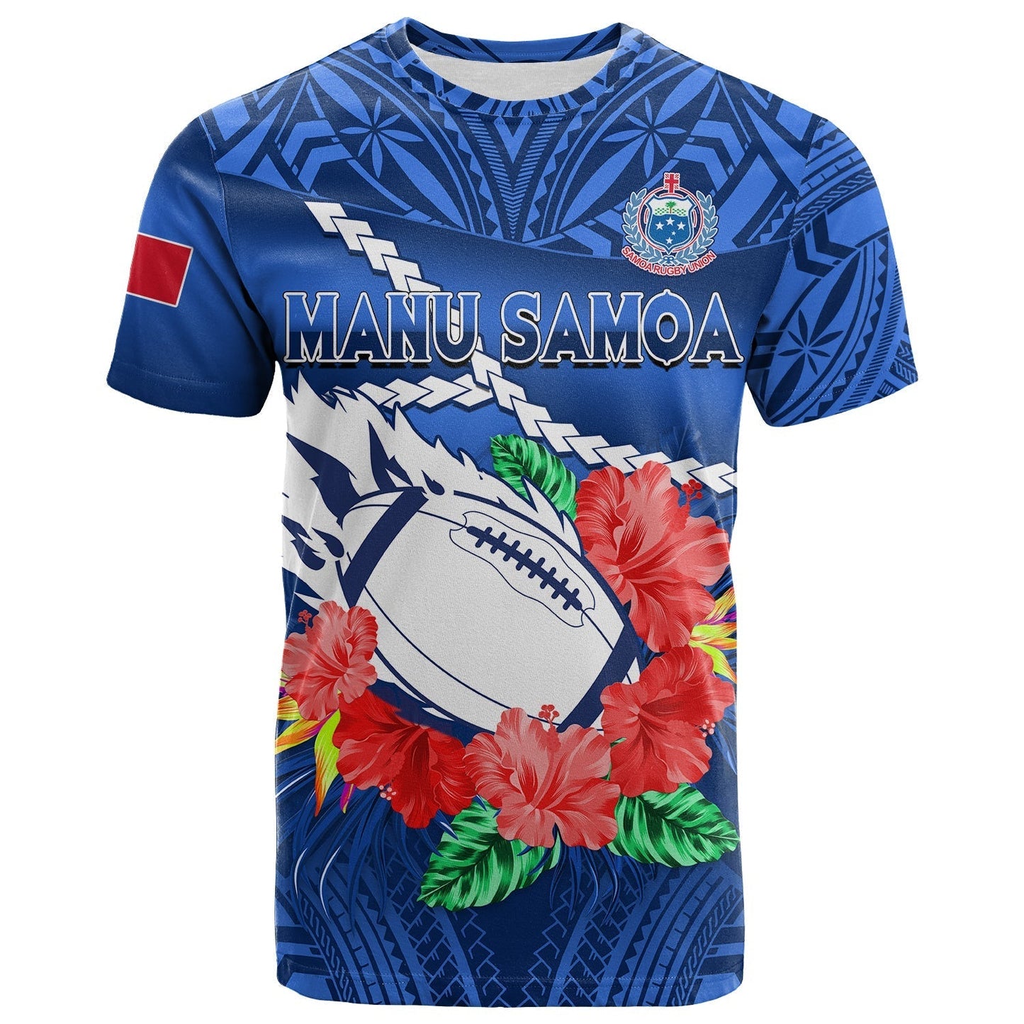 Custom Samoa Rugby T-Shirt Manu Samoa Polynesian Hibiscus Blue Style Graphic Tee