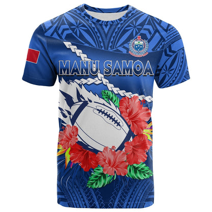 Custom Samoa Rugby T-Shirt Manu Samoa Polynesian Hibiscus Blue Style Graphic Tee