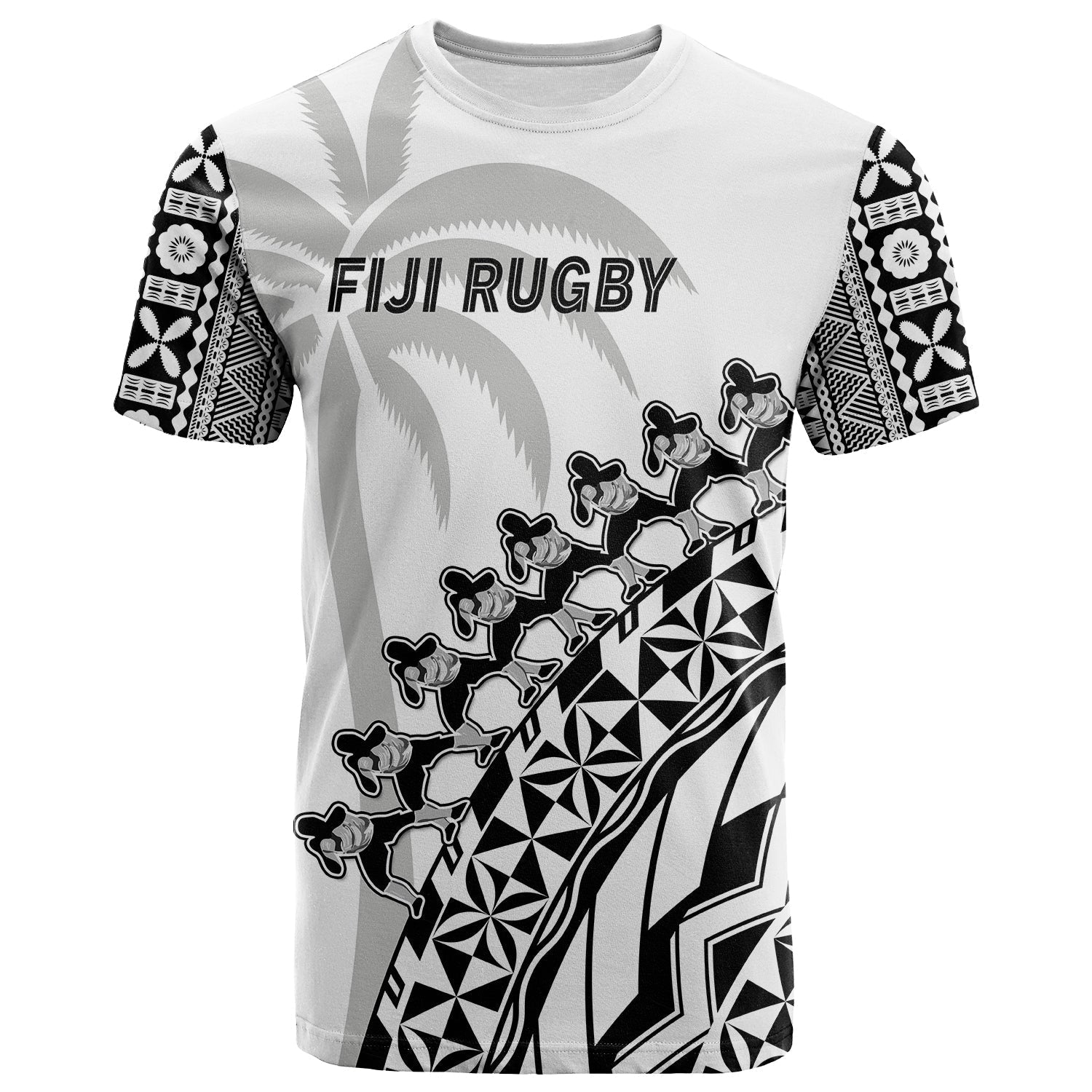 Custom Text And Number Fiji Rugby T-Shirt Fijian Cibi Dance Tapa Pattern White Graphic Tee