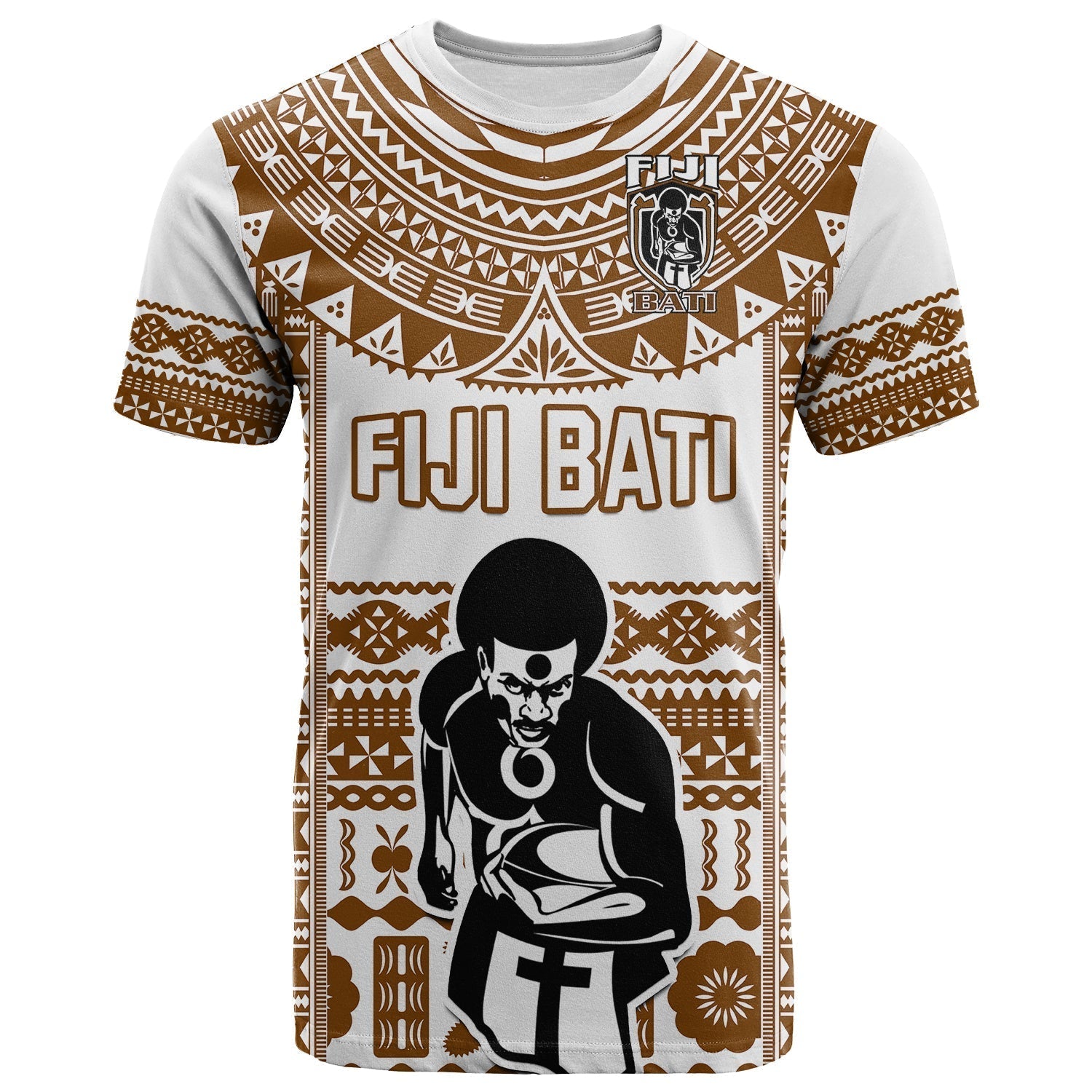 Custom Text And Number Fiji Rugby T-Shirt Pacific The Bati Brown Fijian Tapa Graphic Tee