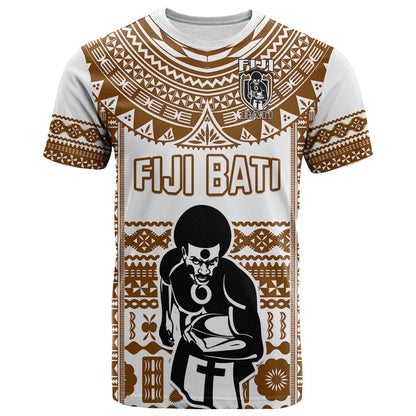 Custom Text And Number Fiji Rugby T-Shirt Pacific The Bati Brown Fijian Tapa Graphic Tee
