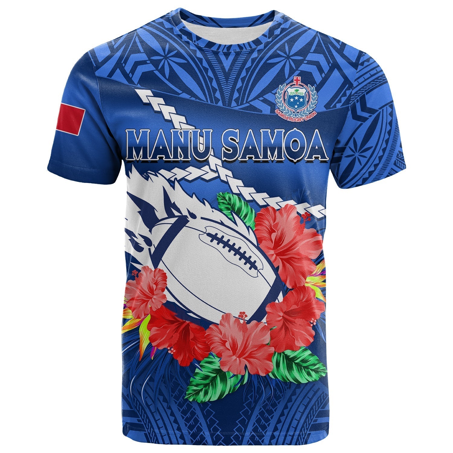 Samoa Rugby T-Shirt Manu Samoa Polynesian Hibiscus Blue Style Graphic Tee