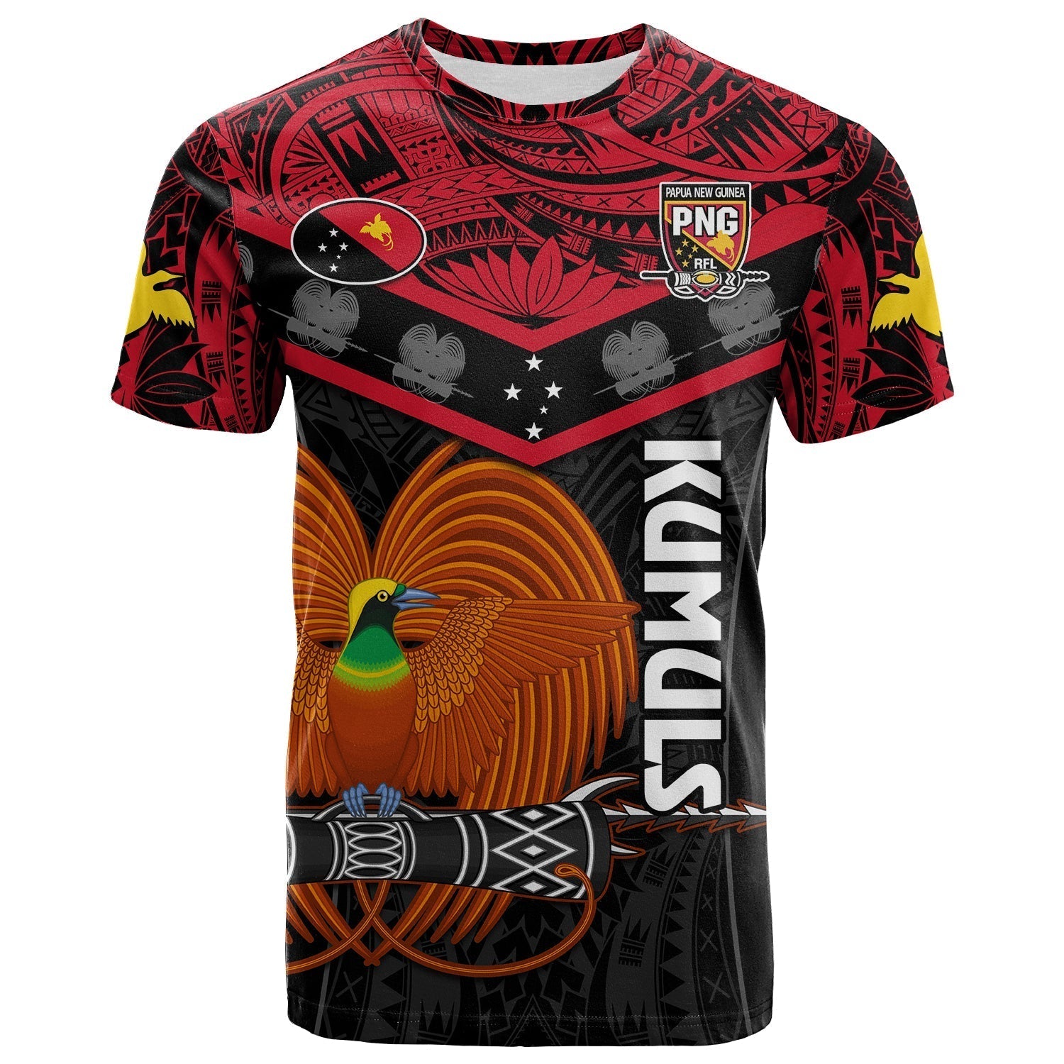 Custom Text And Number Papua New Guinea Rugby T-Shirt PNG Kumuls Bird Of Paradise Black Graphic Tee