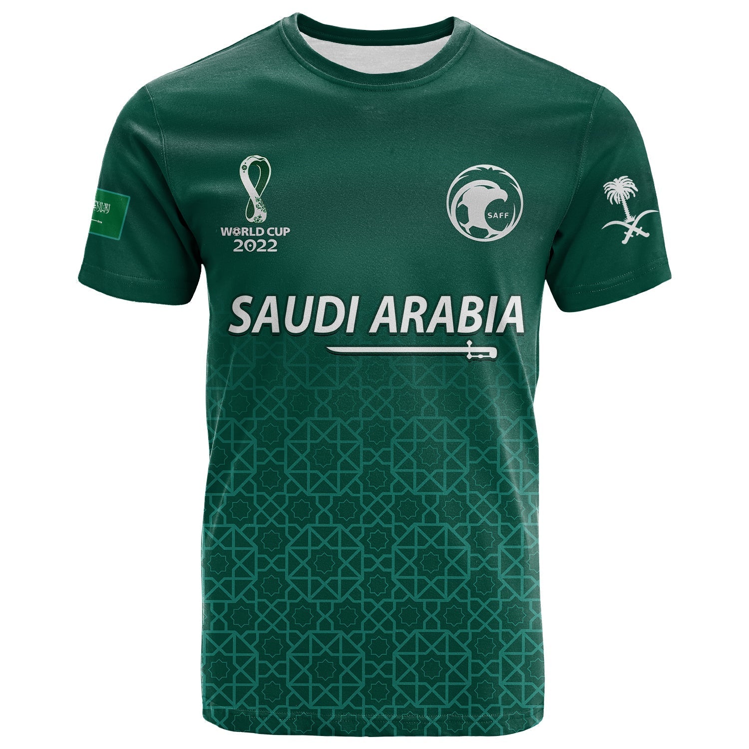 Custom Saudi Arabia Football T-Shirt KSA Swords Pattern Saudi Green Champions Graphic Tee