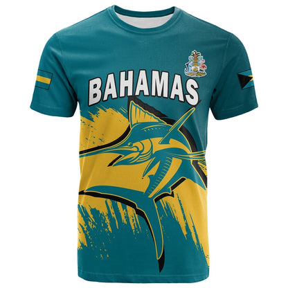 Custom Bahamas T-Shirt Blue Marlin With Bahamian Coat Of Arms Graphic Tee