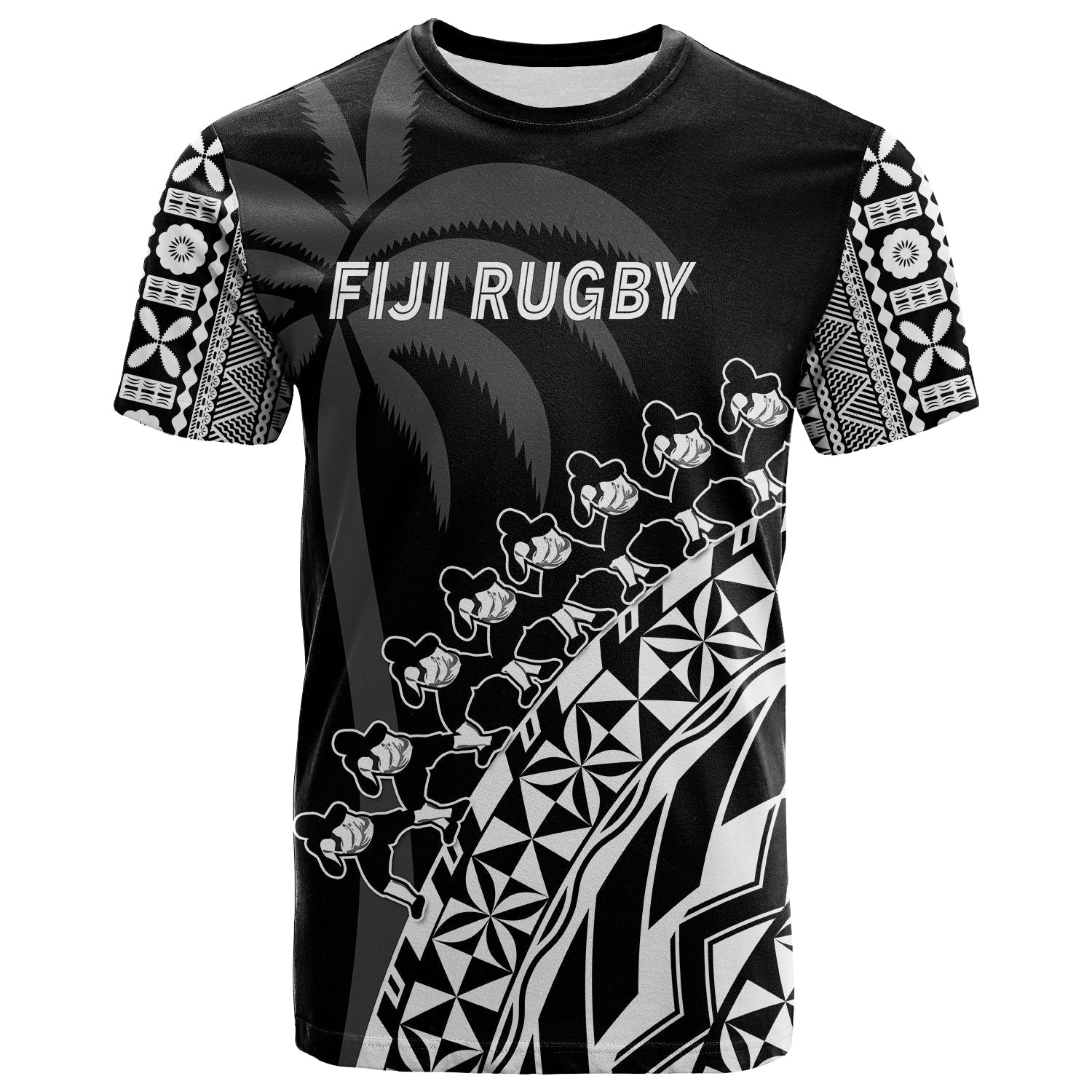 Custom Text And Number Fiji Rugby T-Shirt Fijian Cibi Dance Tapa Pattern Black Graphic Tee