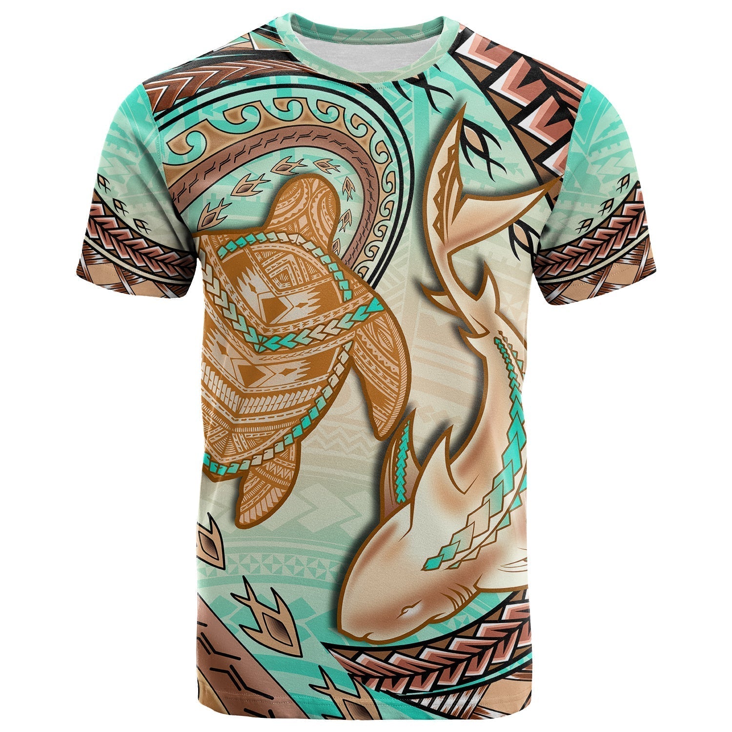 Hawaii T-Shirt Polynesian Shark And Sea Turtle Dreamy Turquoise Artsy Graphic Tee