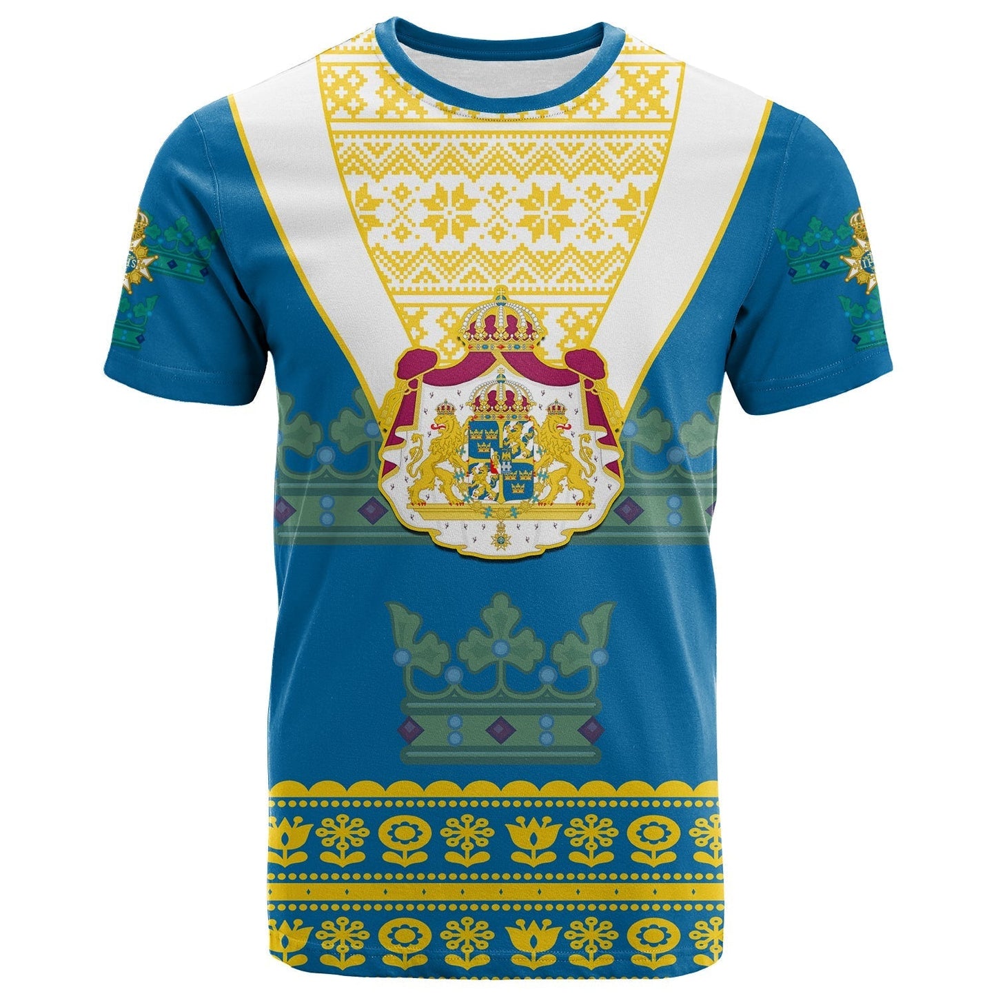 Sweden T-Shirt Swedish Coat Of Arms With Scandinavian Flowers Graphic Tee