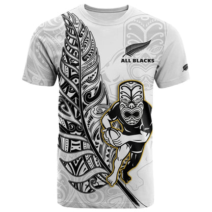 New Zealand 2022 Rugby T-Shirt All Black Silver Fern Maori Pattern Version White Graphic Tee