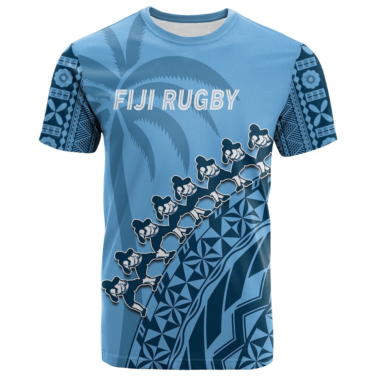 Custom Text And Number Fiji Tapa Rugby T-Shirt Fijian Cibi Dance Tapa Pattern Blue Graphic Tee