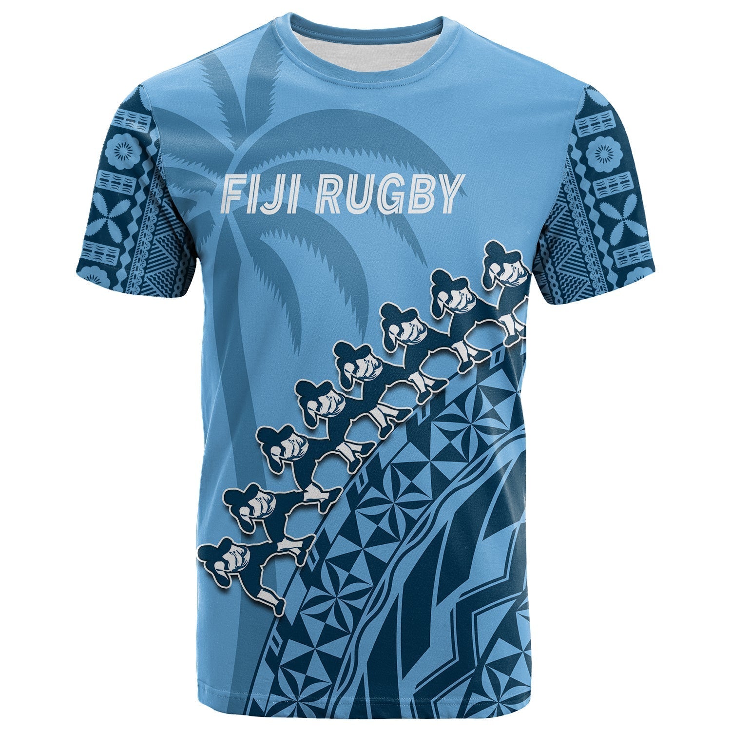 Custom Text And Number Fiji Tapa Rugby T-Shirt Fijian Cibi Dance Tapa Pattern Blue Graphic Tee