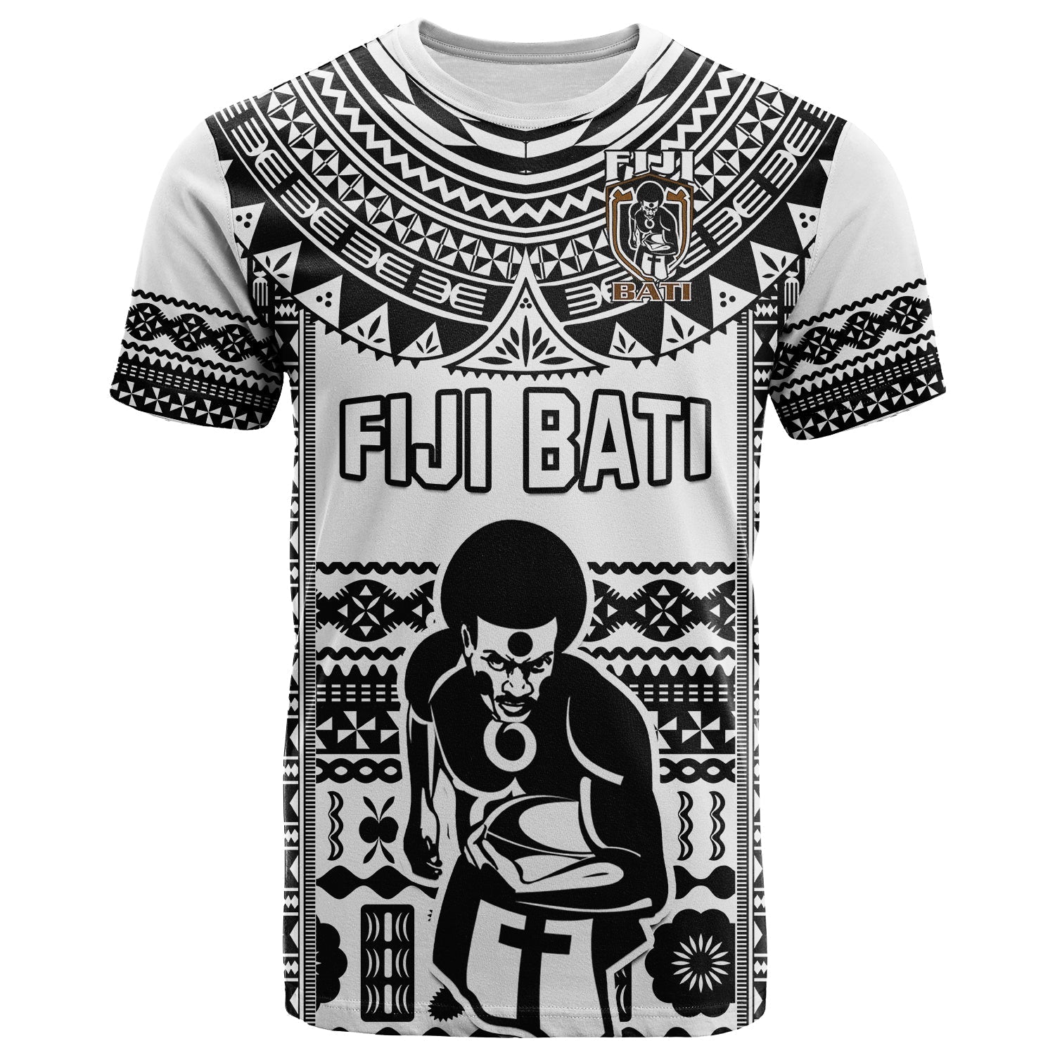 Custom Text And Number Fiji Rugby T-Shirt Pacific The Bati Black Fijian Tapa Graphic Tee