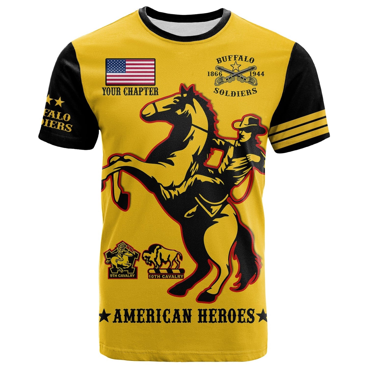 Custom Text And Chapter Buffalo Soldiers T-Shirt BSMC United States Army Yellow Graphic Tee