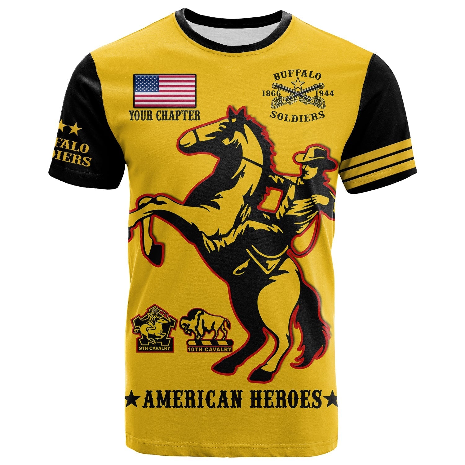 Custom Text And Chapter Buffalo Soldiers T-Shirt BSMC United States Army Yellow Graphic Tee
