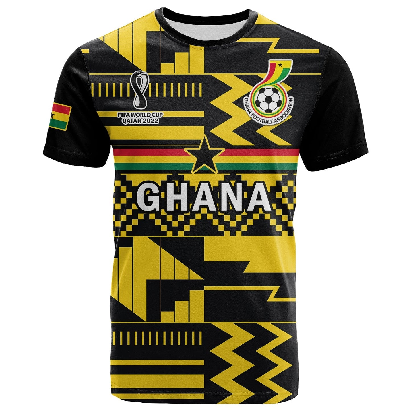 Ghana Football T-Shirt Black Stars Kente World Cup 2022 Yellow Graphic Tee