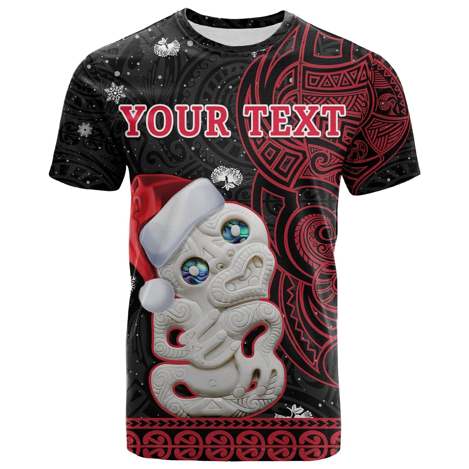 Custom New Zealand Christmas T-Shirt Hei Tiki Red Pohutukawa Meri Kirihimete Graphic Tee