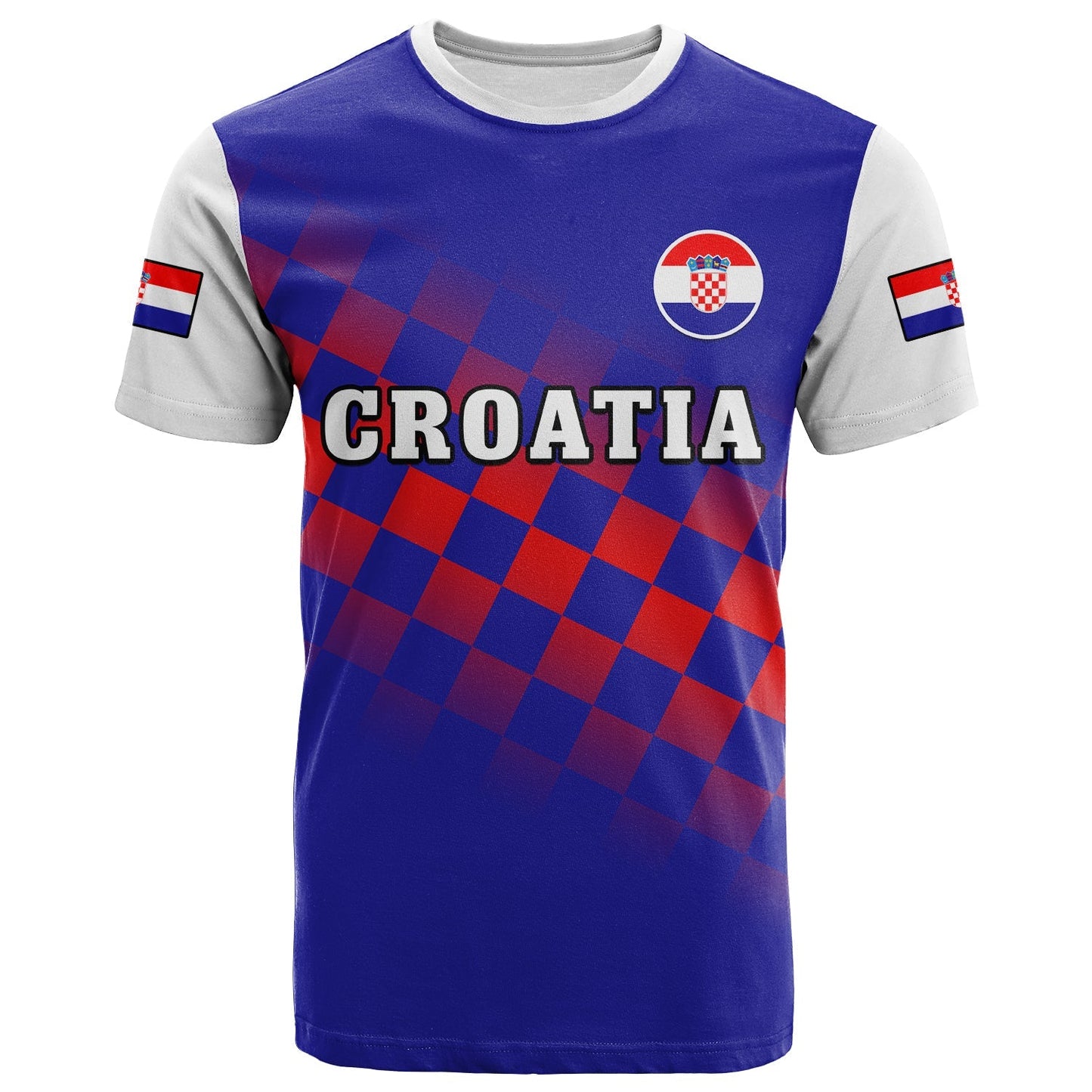 Custom Croatia Football T-Shirt Hrvatska Checkerboard Blue Version Graphic Tee
