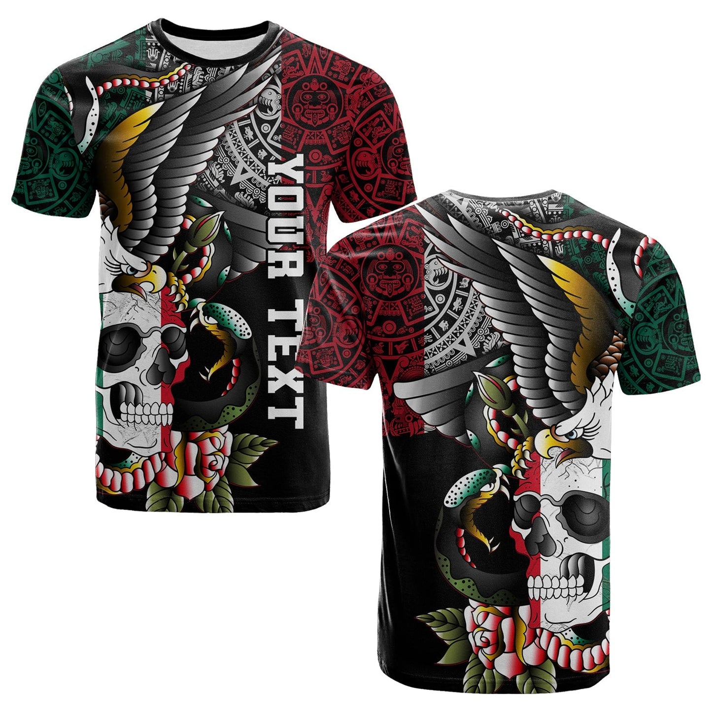 Custom Mexico T-Shirt Mexican Skull Eagle With Angry Snake Graphic Tee