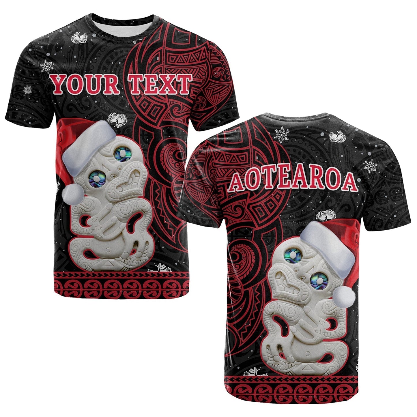 Custom New Zealand Christmas T-Shirt Hei Tiki Red Pohutukawa Meri Kirihimete Graphic Tee