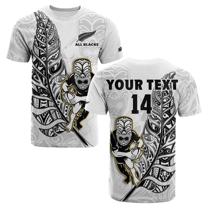 Custom Text And Number New Zealand 2022 Rugby T-Shirt All Black Silver Fern Maori Pattern Version White Graphic Tee