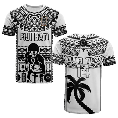 Custom Text And Number Fiji Rugby T-Shirt Pacific The Bati Black Fijian Tapa Graphic Tee
