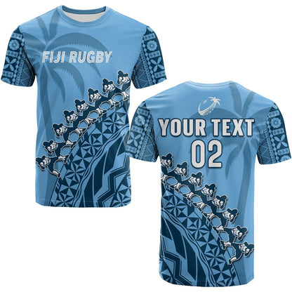Custom Text And Number Fiji Tapa Rugby T-Shirt Fijian Cibi Dance Tapa Pattern Blue Graphic Tee