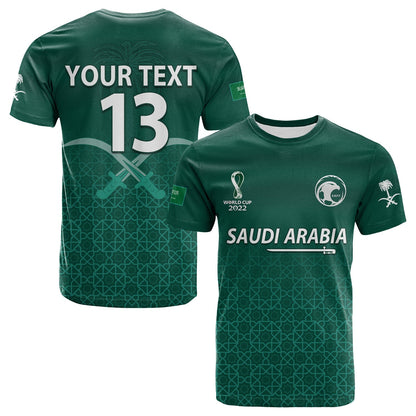 Custom Saudi Arabia Football T-Shirt KSA Swords Pattern Saudi Green Champions Graphic Tee