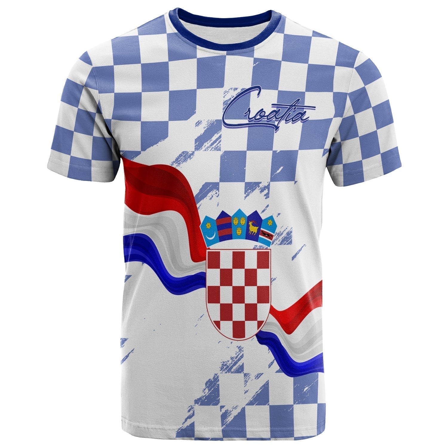 Croatia T-Shirt Checkerboard Grunge Style Blue Color Graphic Tee
