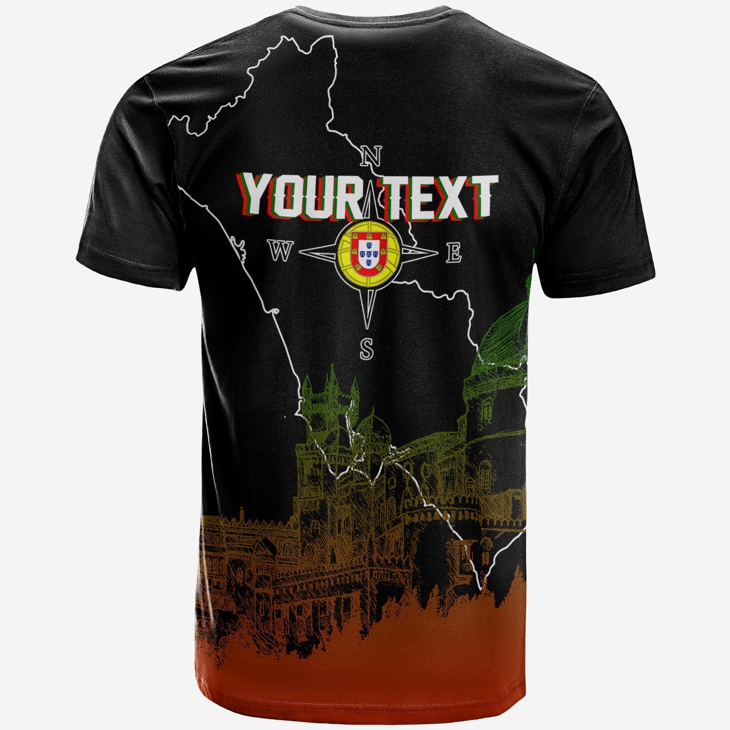 Custom Portugal Pena Palace Sketch Art T-Shirt Portuguese Map Graphic Tee