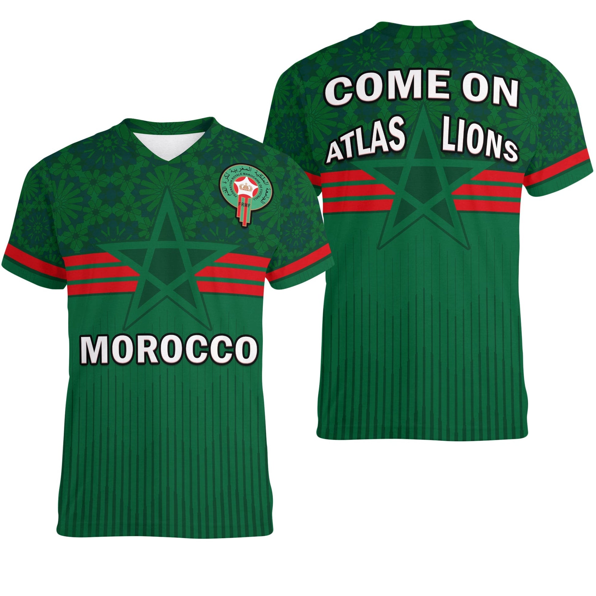 Morocco Football V Neck T-Shirt World Cup 2022 Green Moroccan Pattern Graphic Tee