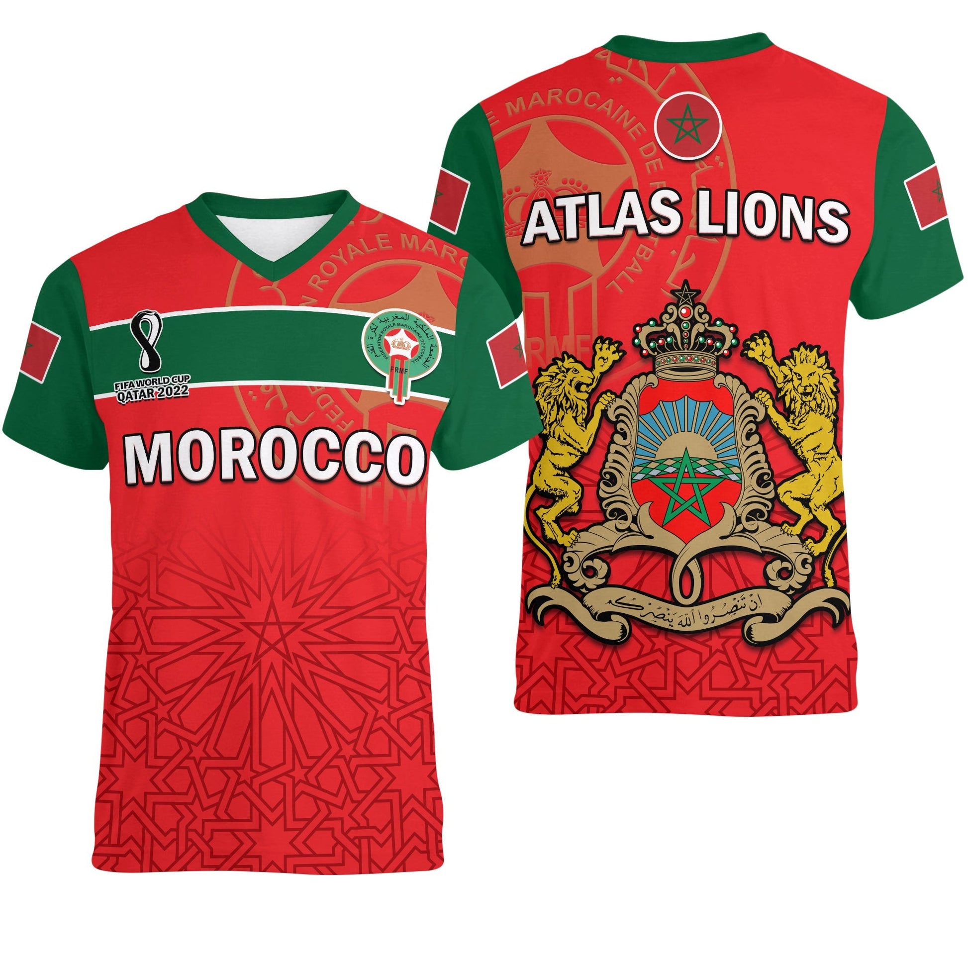 Morocco Football V Neck T-Shirt Atlas Lions Red World Cup 2022 Graphic Tee