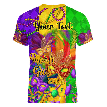 Custom Mardi Gras V Neck T-Shirt Carnival Masks With Feathers Graphic Tee