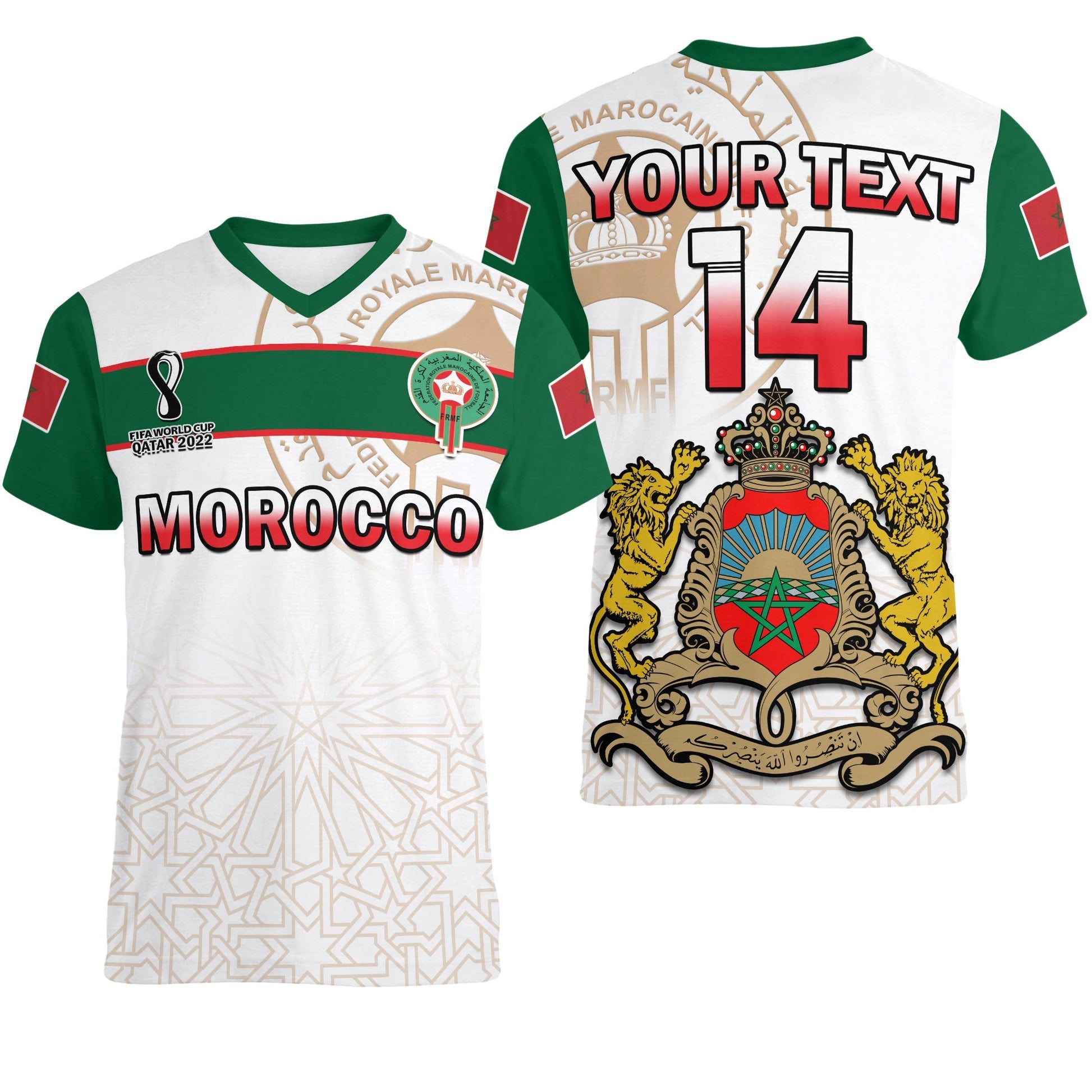 Custom Morocco Football V Neck T-Shirt Atlas Lions White World Cup 2022 Graphic Tee
