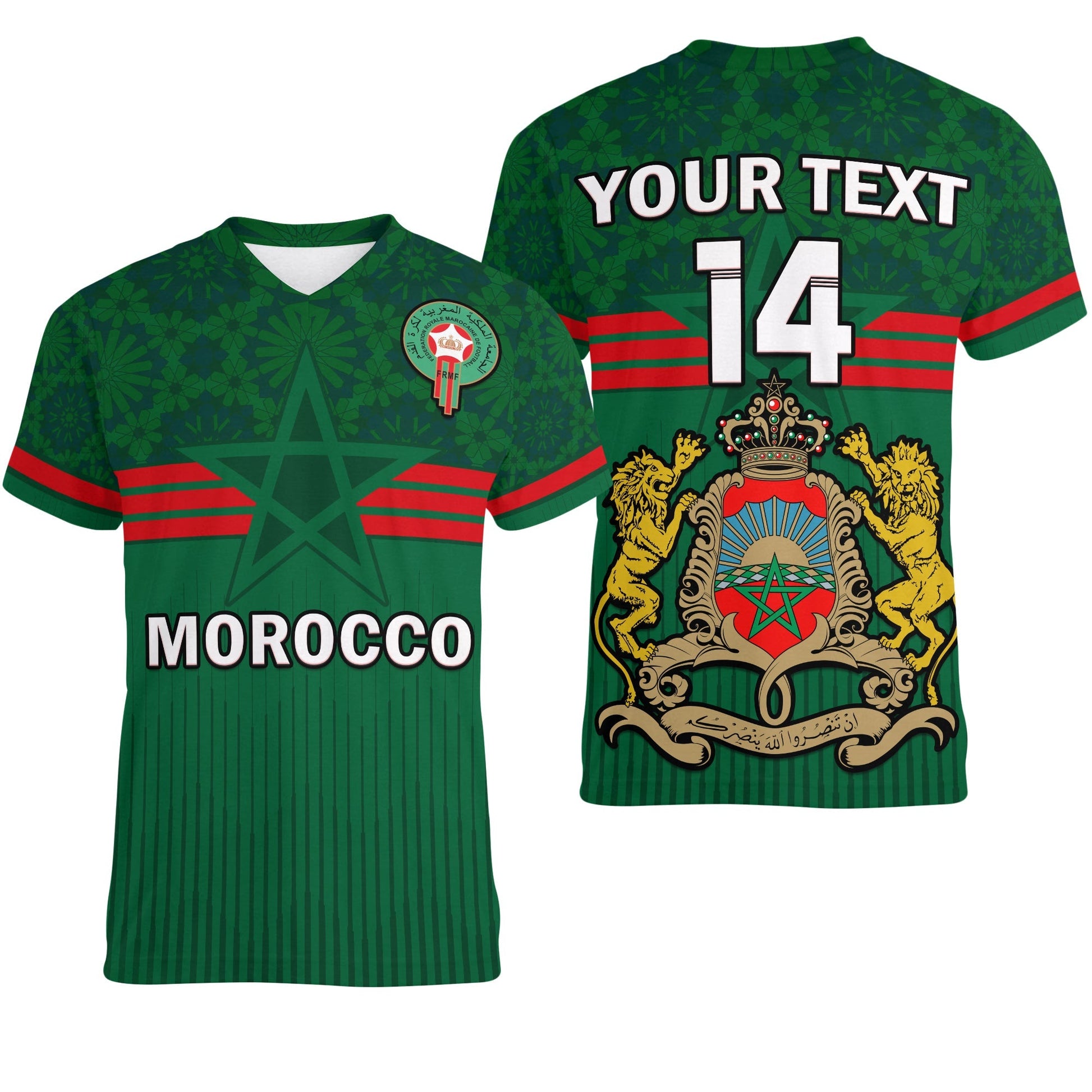 Custom Morocco Football V Neck T-Shirt World Cup 2022 Green Moroccan Pattern Graphic Tee