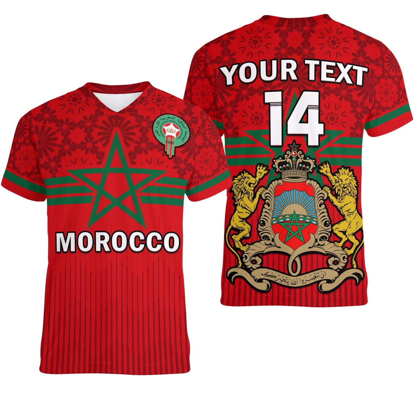 Custom Morocco Football V Neck T-Shirt World Cup 2022 Red Moroccan Pattern Graphic Tee