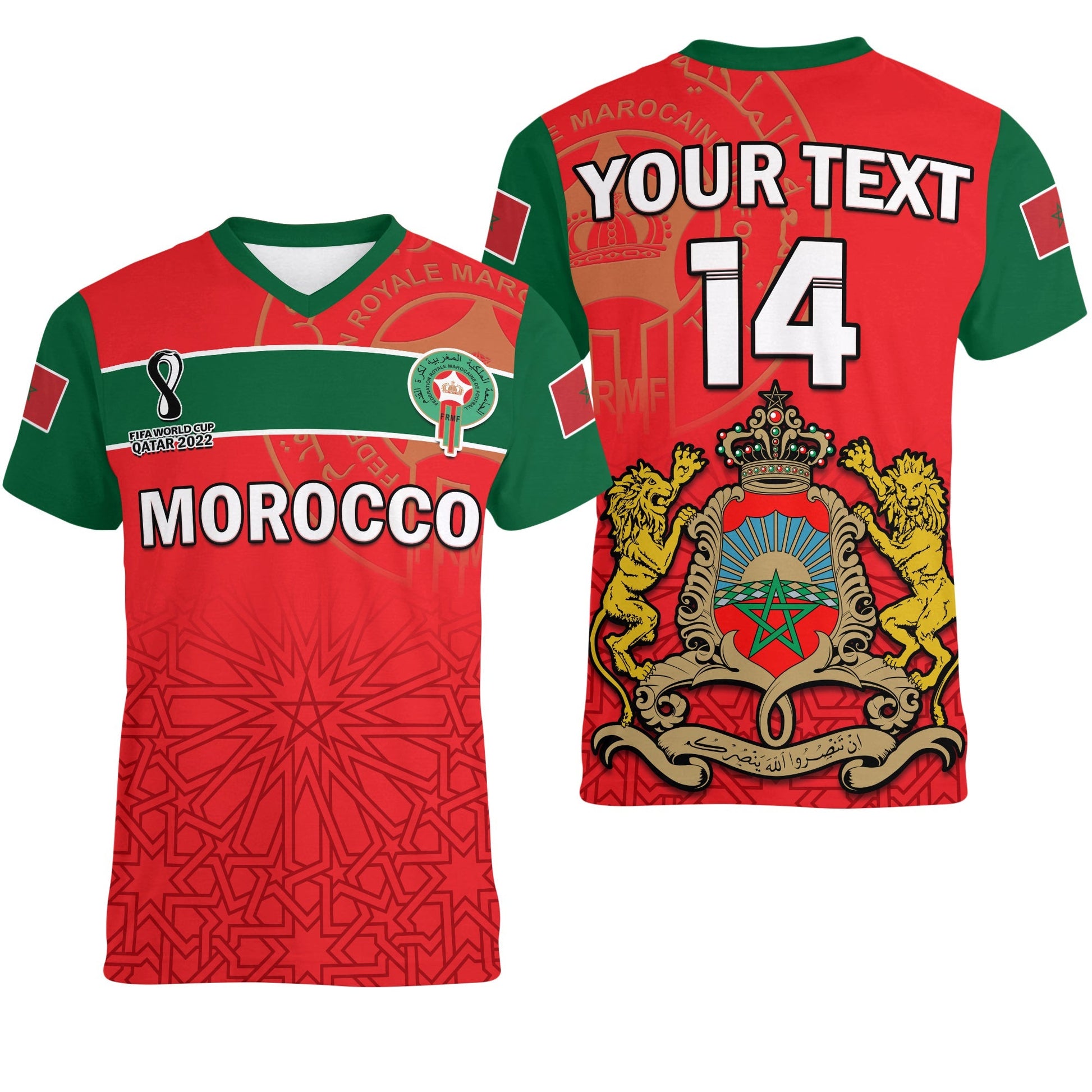 Custom Morocco Football V Neck T-Shirt Atlas Lions Red World Cup 2022 Graphic Tee