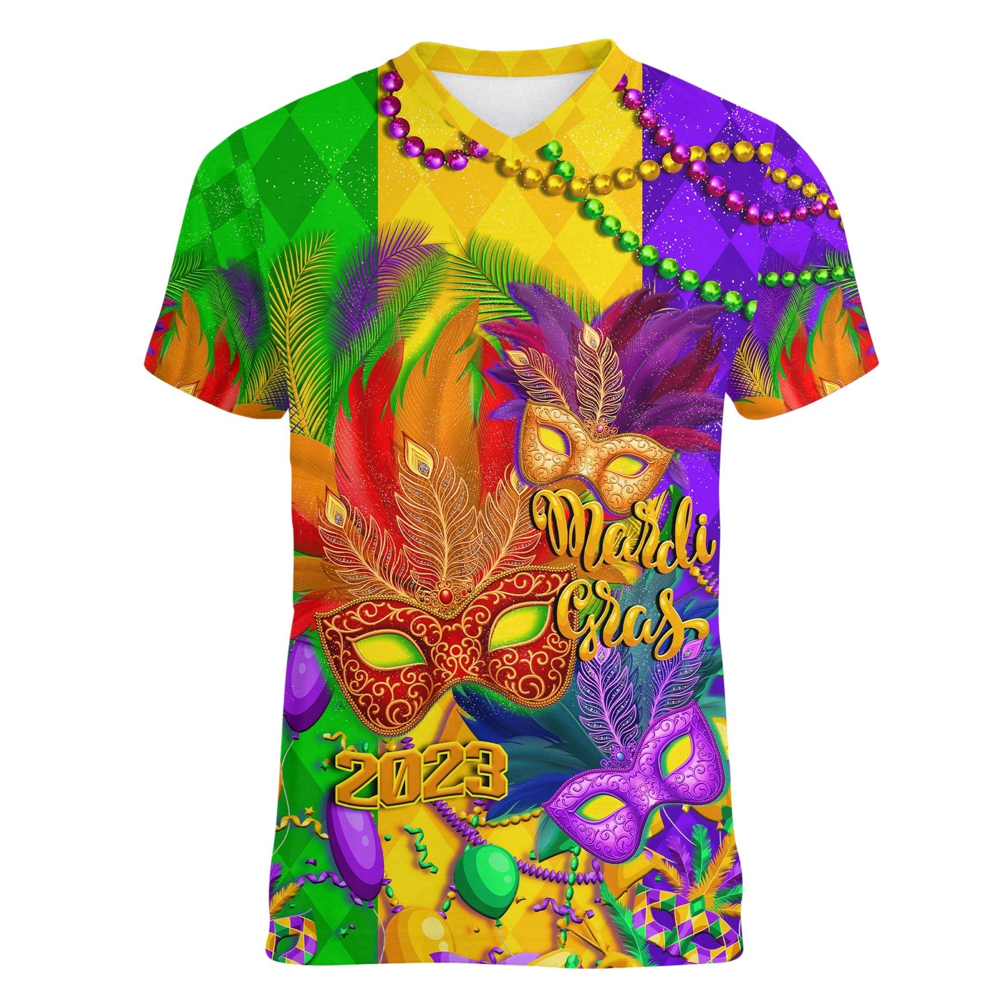 Custom Mardi Gras V Neck T-Shirt Carnival Masks With Feathers Graphic Tee