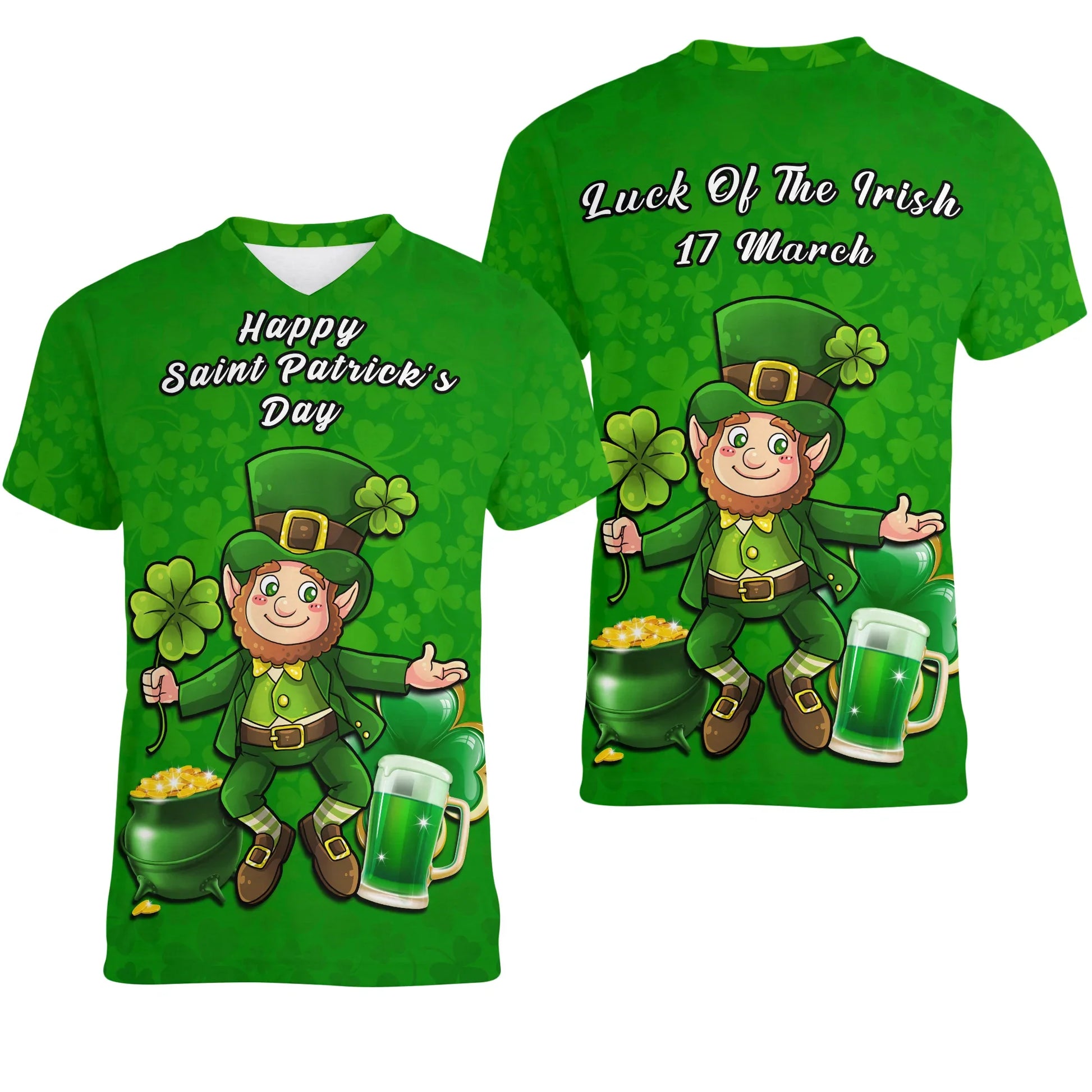 Ireland Women V Neck T-Shirt Saint Patricks Day Happy Leprechaun And Shamrock Graphic Tee
