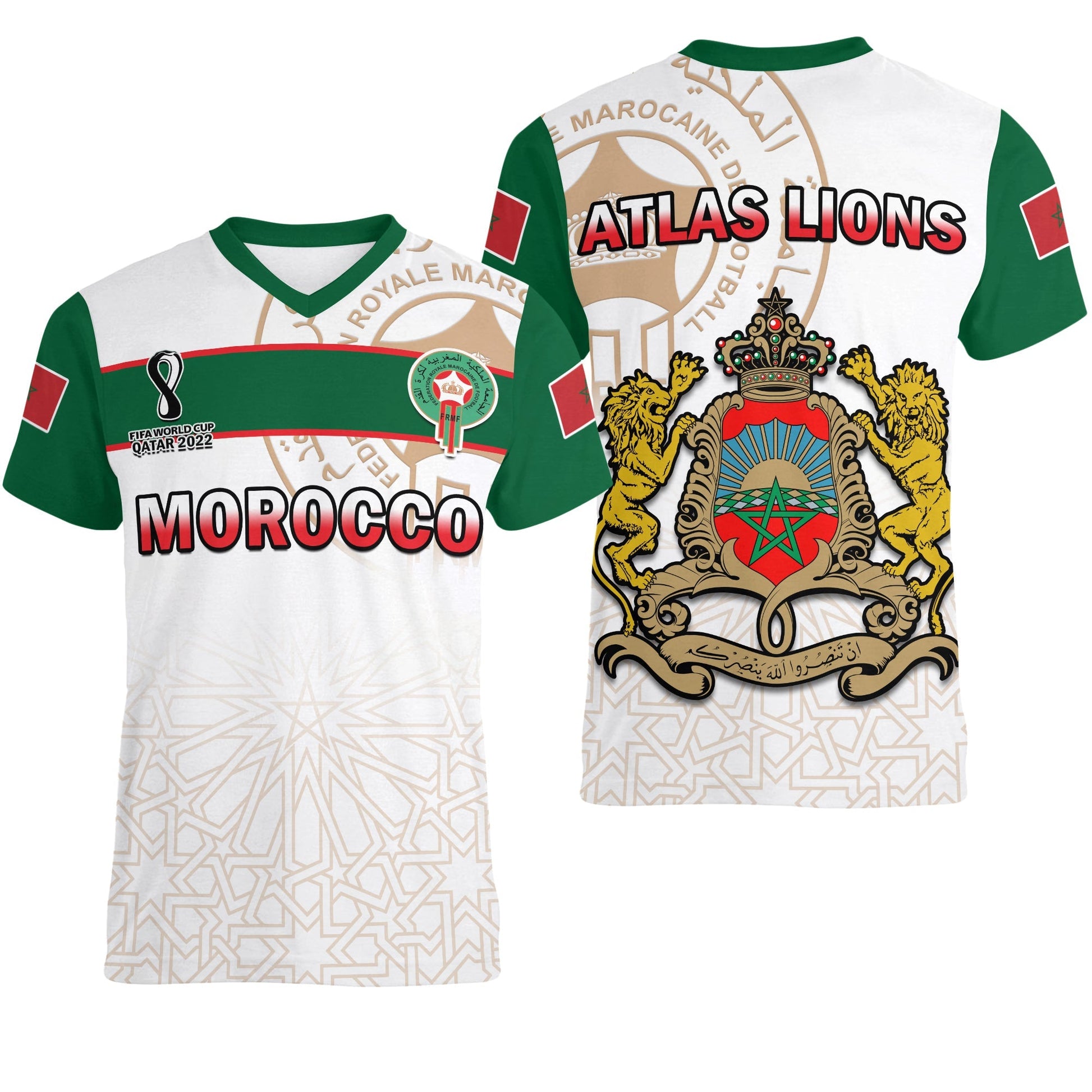 Morocco Football V Neck T-Shirt Atlas Lions White World Cup 2022 Graphic Tee