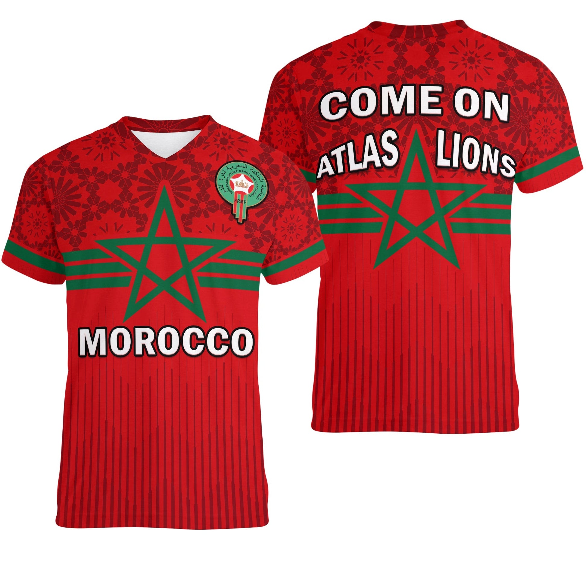 Morocco Football V Neck T-Shirt World Cup 2022 Red Moroccan Pattern Graphic Tee
