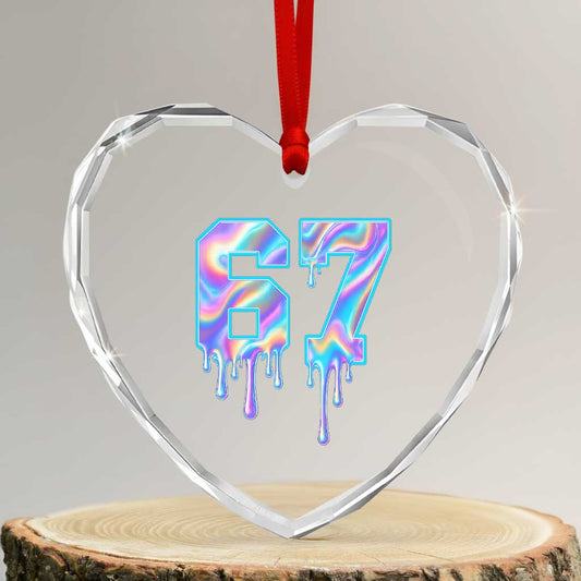Baseball Drip 67 Meme Heart Crystal Glass Ornament - Funny Player Number, 67th Birthday Holographic Gift - Transparent Glass - 3'' Heart