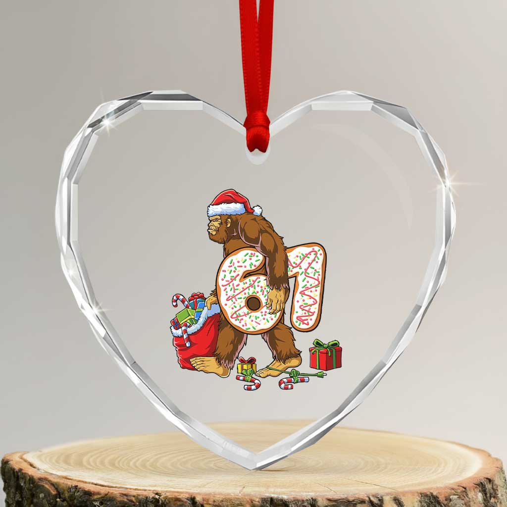Christmas Bigfoot 67 Meme Heart Crystal Glass Ornament - Funny Sasquatch Six Seven Gen Alpha Slang Decor - Transparent Glass - 3'' Heart