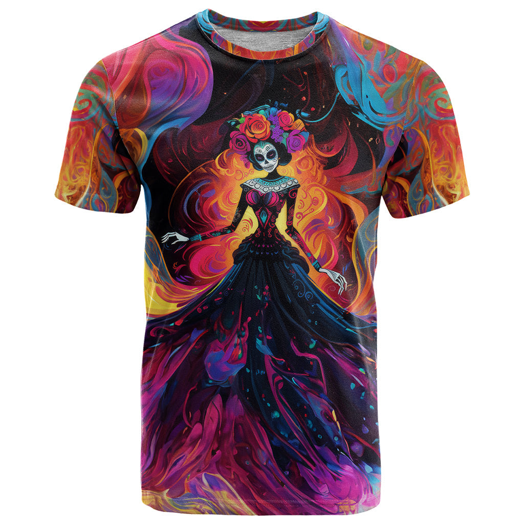 Day of Dead Lady T-Shirt Sugar Skull Flame Lady Graphic Tee
