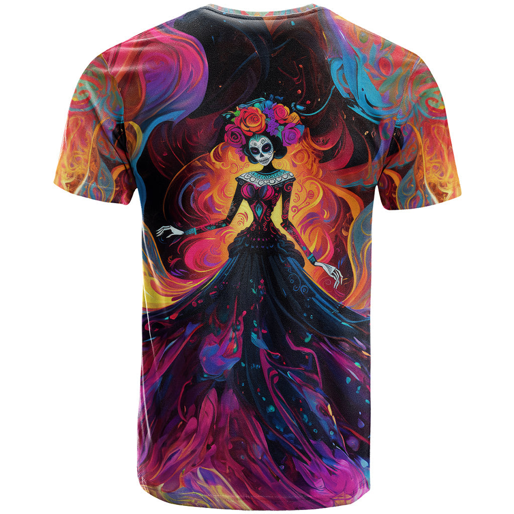 Day of Dead Lady T-Shirt Sugar Skull Flame Lady Graphic Tee