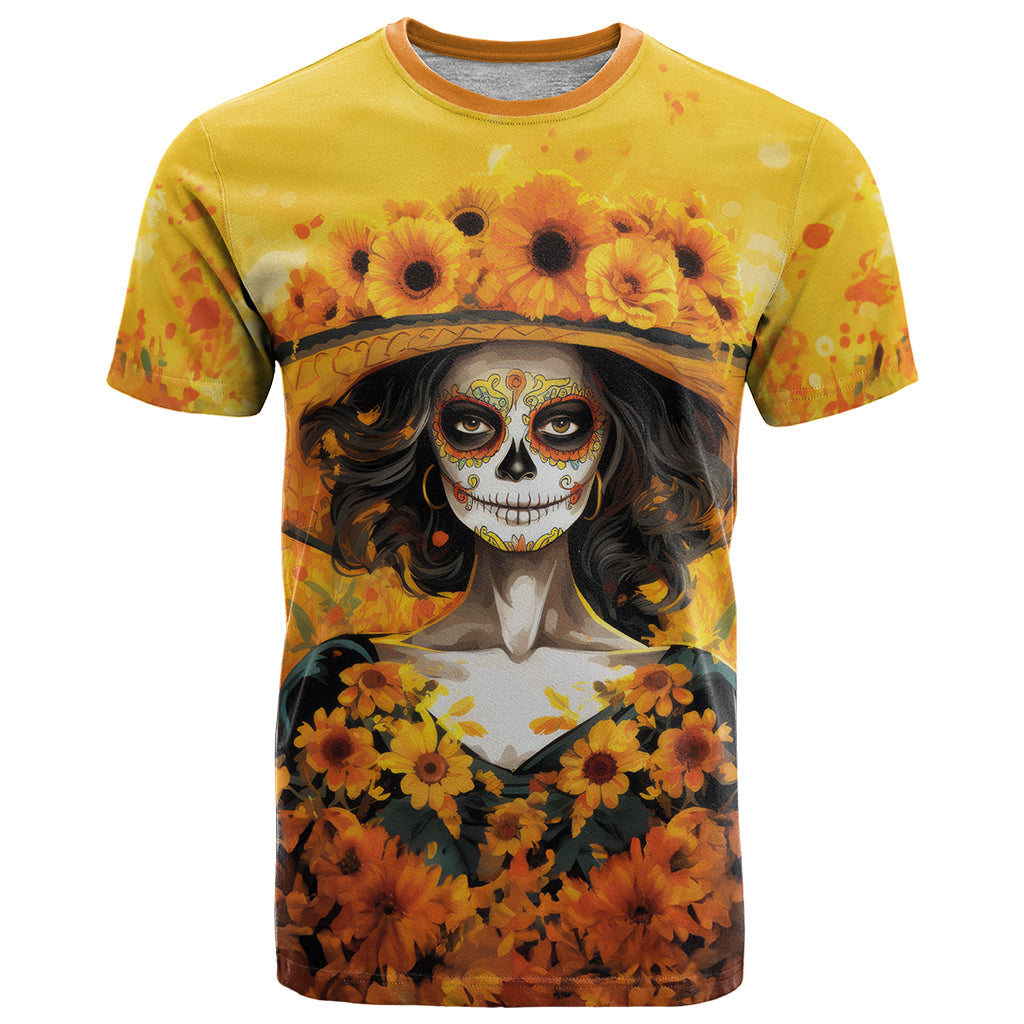Day of Dead Lady T-Shirt Sugar Skull Lady Sunflower Graphic Tee