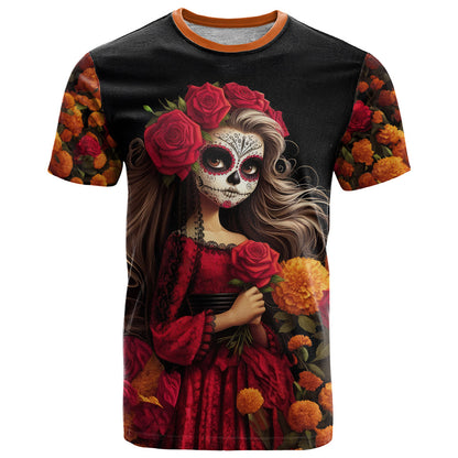 Day of Dead Girl T-Shirt Sugar Skull Girl Rose And Marigold Graphic Tee