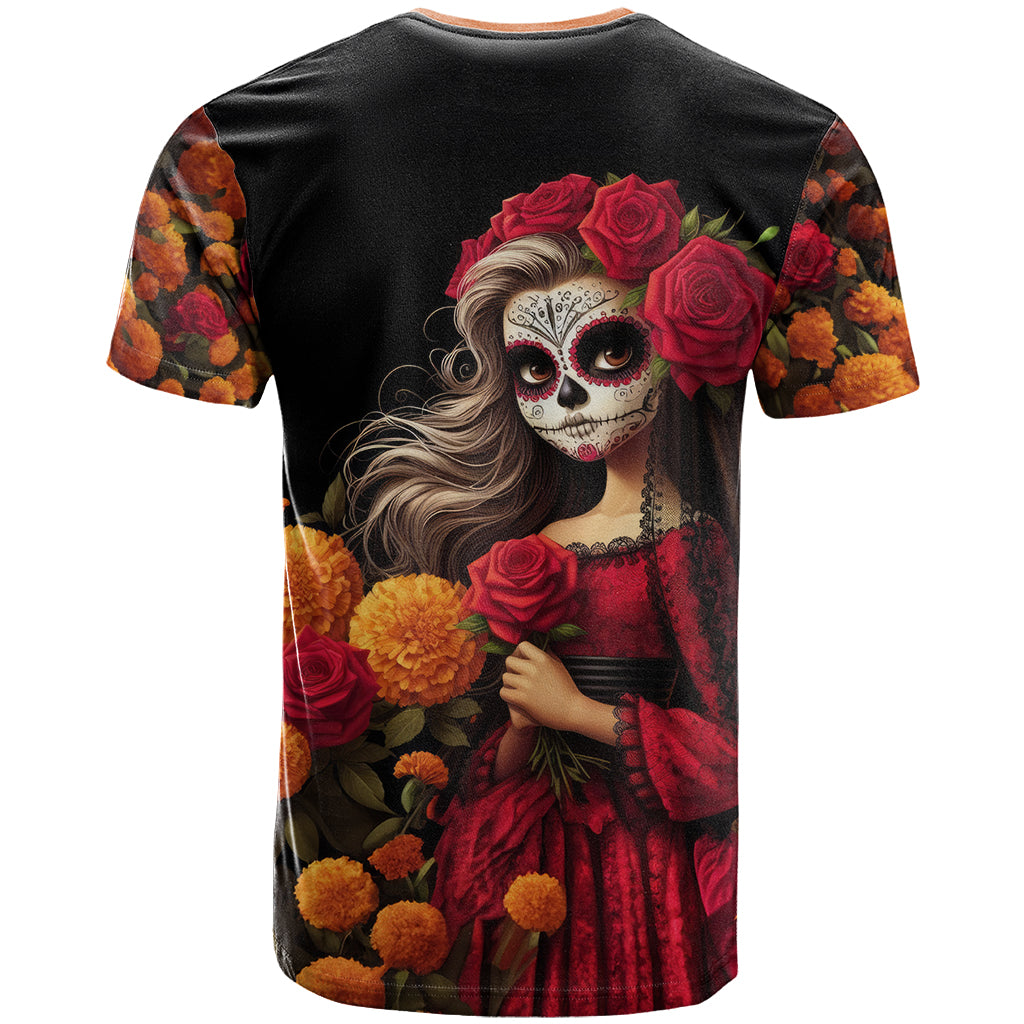 Day of Dead Girl T-Shirt Sugar Skull Girl Rose And Marigold Graphic Tee