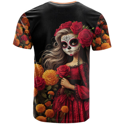 Day of Dead Girl T-Shirt Sugar Skull Girl Rose And Marigold Graphic Tee