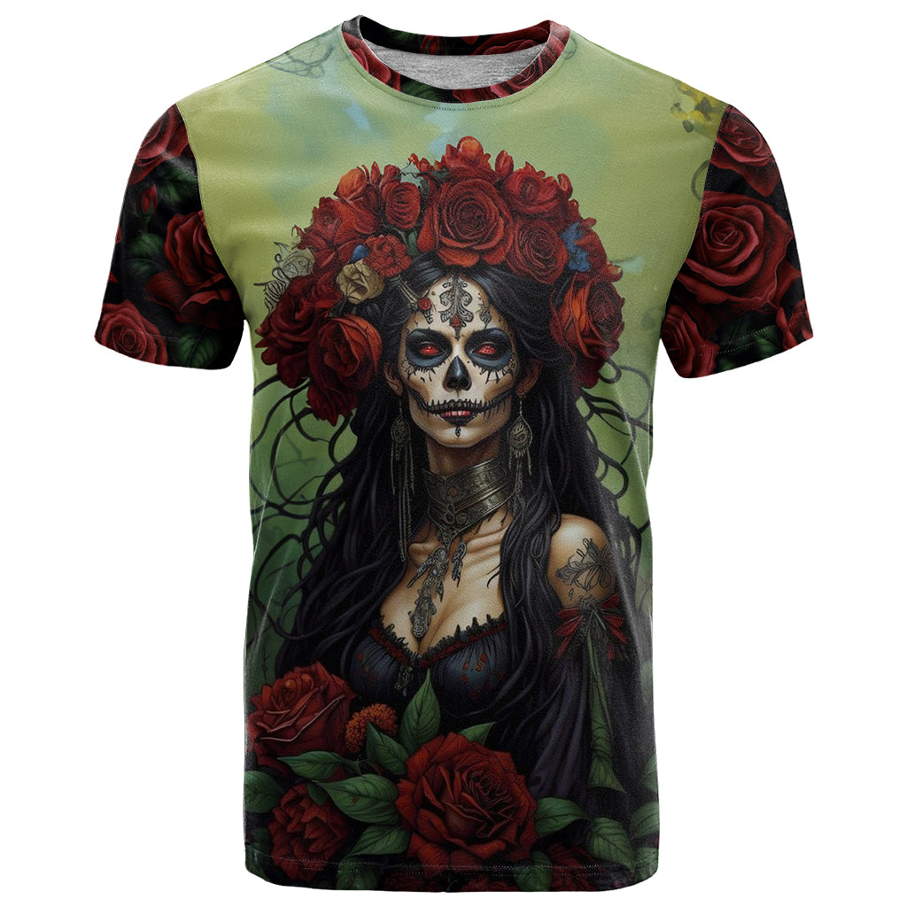 Day of Dead Lady T-Shirt Sugar Skull Rose Lady Graphic Tee